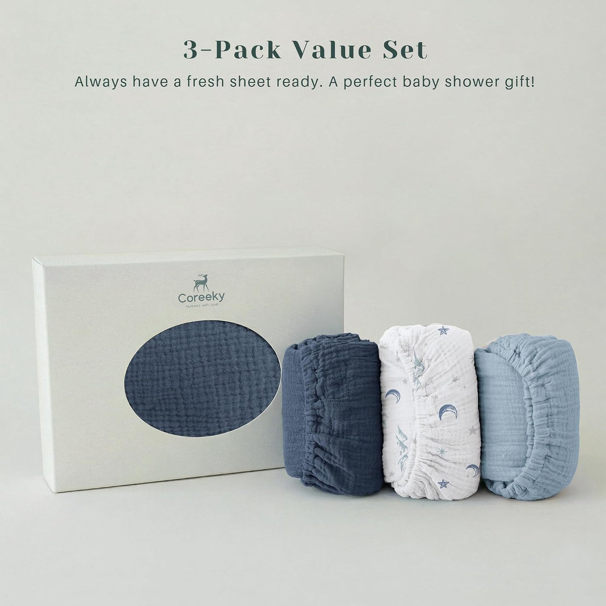 3 Pack Cotton Muslin Baby Bassinet Fitted Sheet for Bedside Sleeper Stretchy & Soft, Compatible with Baby Delight, Dream On Me, Rectangle Mattresses, for Boys & Girls 32" x 21"