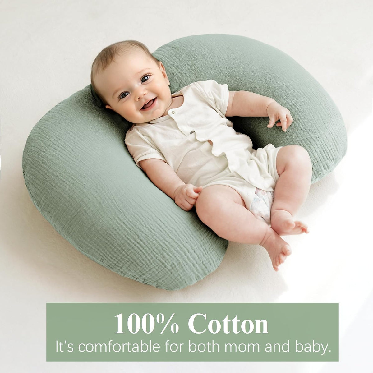 Muslin Nursing Pillow Covers, 2 Pack, Soft & Adorable Slipcovers with Zipper Closure, 100% Cotton Covers for Breastfeeding Pillows (Leaf, Green)