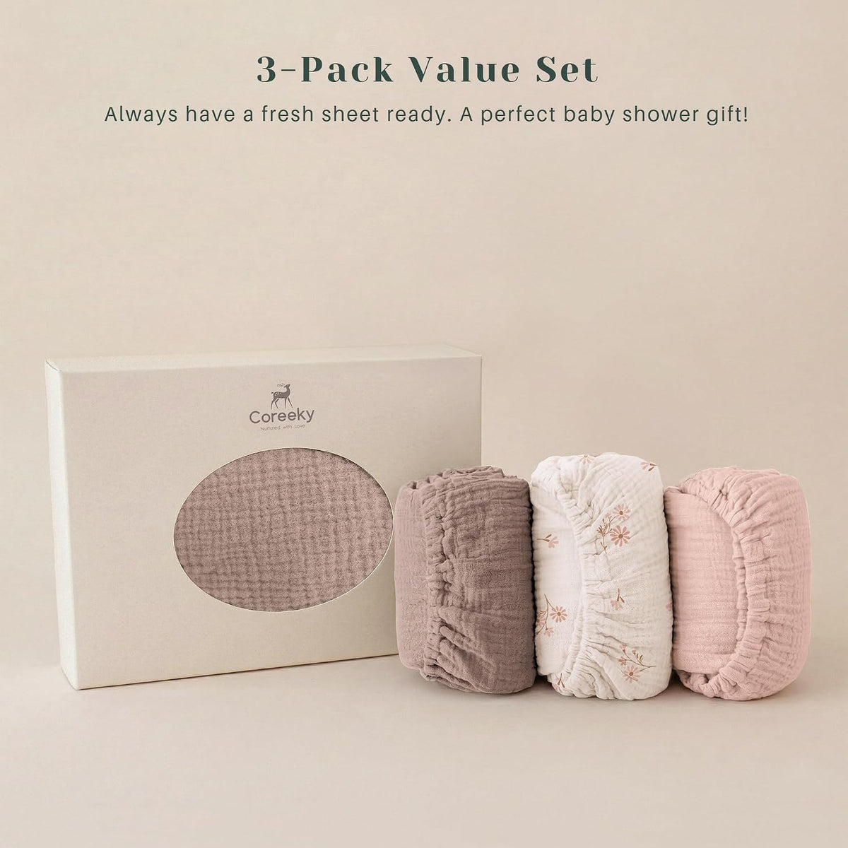 3 Pack Cotton Muslin Baby Bassinet Fitted Sheet for Bedside Sleeper Stretchy & Soft, Compatible with Baby Delight, Dream On Me, Rectangle Mattresses, for Boys & Girls 32" x 21"
