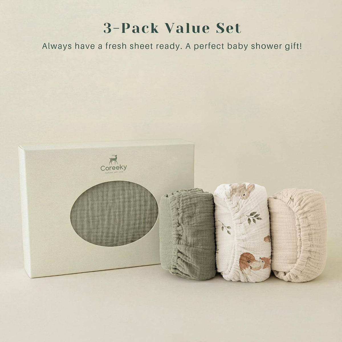 3 Pack Cotton Muslin Baby Bassinet Fitted Sheet for Bedside Sleeper Stretchy & Soft, Compatible with Baby Delight, Dream On Me, Rectangle Mattresses, for Boys & Girls 32" x 21"