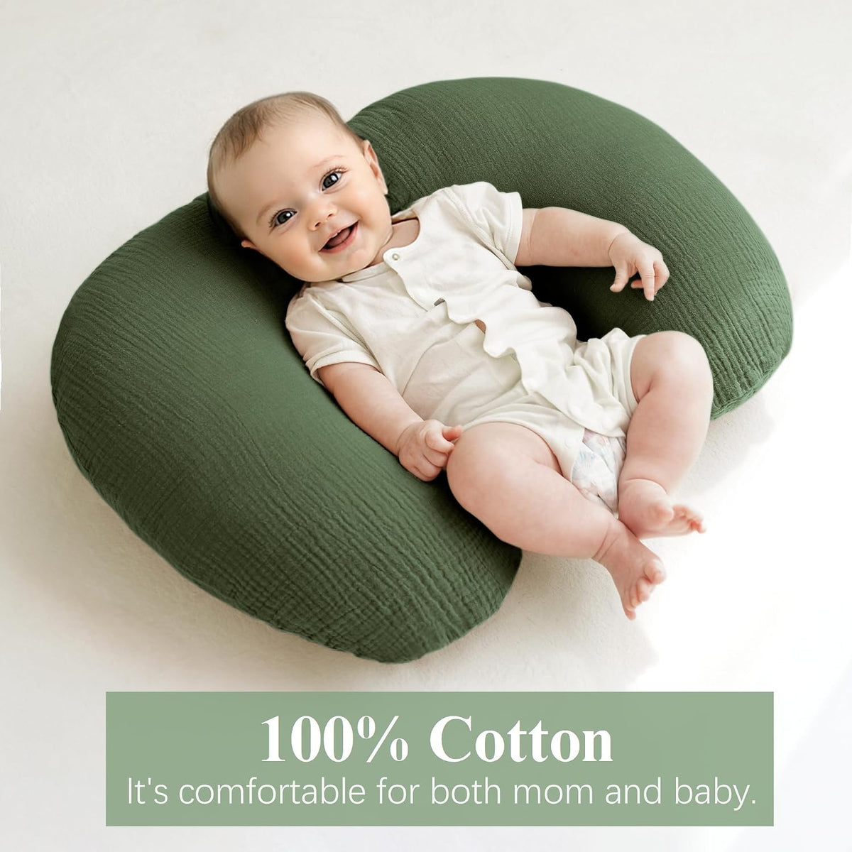 Muslin Nursing Pillow Covers, 2 Pack, Soft & Adorable Slipcovers with Zipper Closure, 100% Cotton Covers for Breastfeeding Pillows (Leaf, Green)