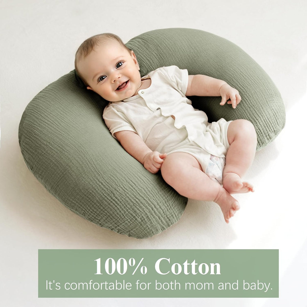 Muslin Nursing Pillow Covers, 2 Pack, Soft & Adorable Slipcovers with Zipper Closure, 100% Cotton Covers for Breastfeeding Pillows (Leaf, Green)