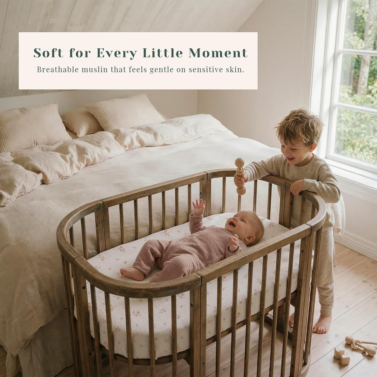 3 Pack Cotton Muslin Baby Bassinet Fitted Sheet for Bedside Sleeper Stretchy & Soft, Compatible with Baby Delight, Dream On Me, Rectangle Mattresses, for Boys & Girls 32" x 21"