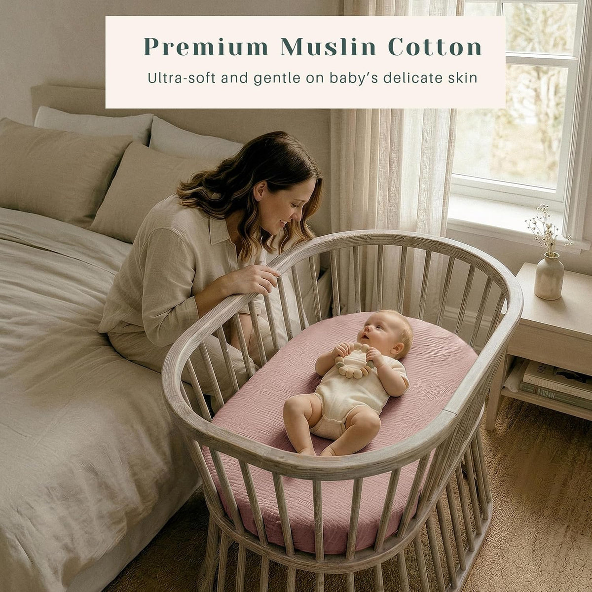 3 Pack Cotton Muslin Baby Bassinet Fitted Sheet for Bedside Sleeper Stretchy & Soft, Compatible with Baby Delight, Dream On Me, Rectangle Mattresses, for Boys & Girls 32" x 21"