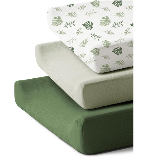 3 Pack Muslin Changing Pad Covers for Baby Boys and Girls 100% Cotton, Soft & Breathable, Easy to Put On & Off, Machine Washable, Baby Nursery Diaper Changing Table Sheet (Leaf)