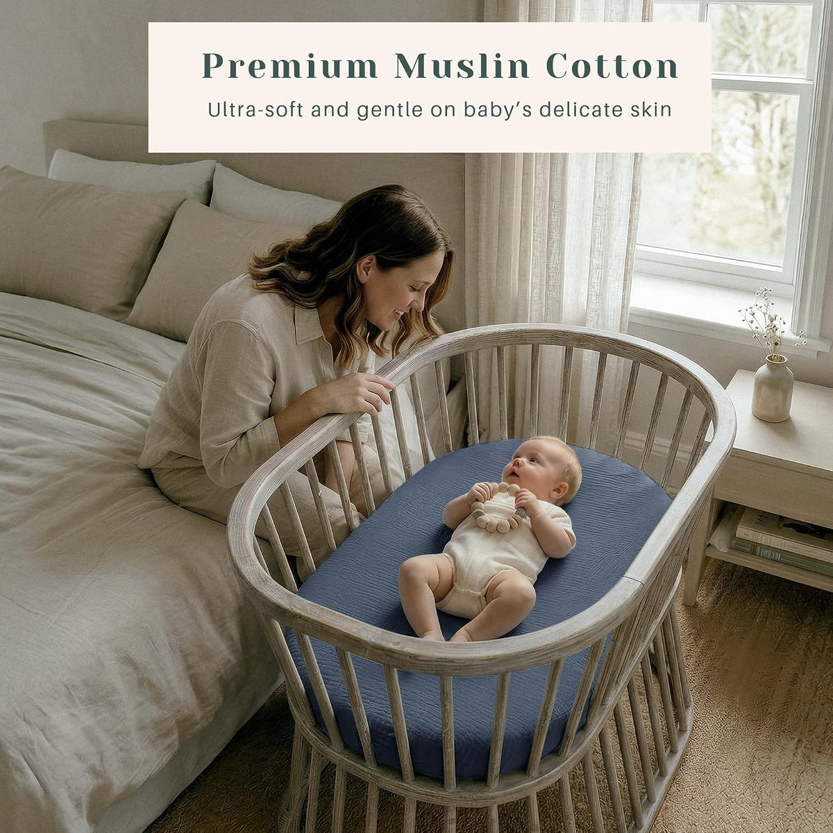 3 Pack Cotton Muslin Baby Bassinet Fitted Sheet for Bedside Sleeper Stretchy & Soft, Compatible with Baby Delight, Dream On Me, Rectangle Mattresses, for Boys & Girls 32" x 21"