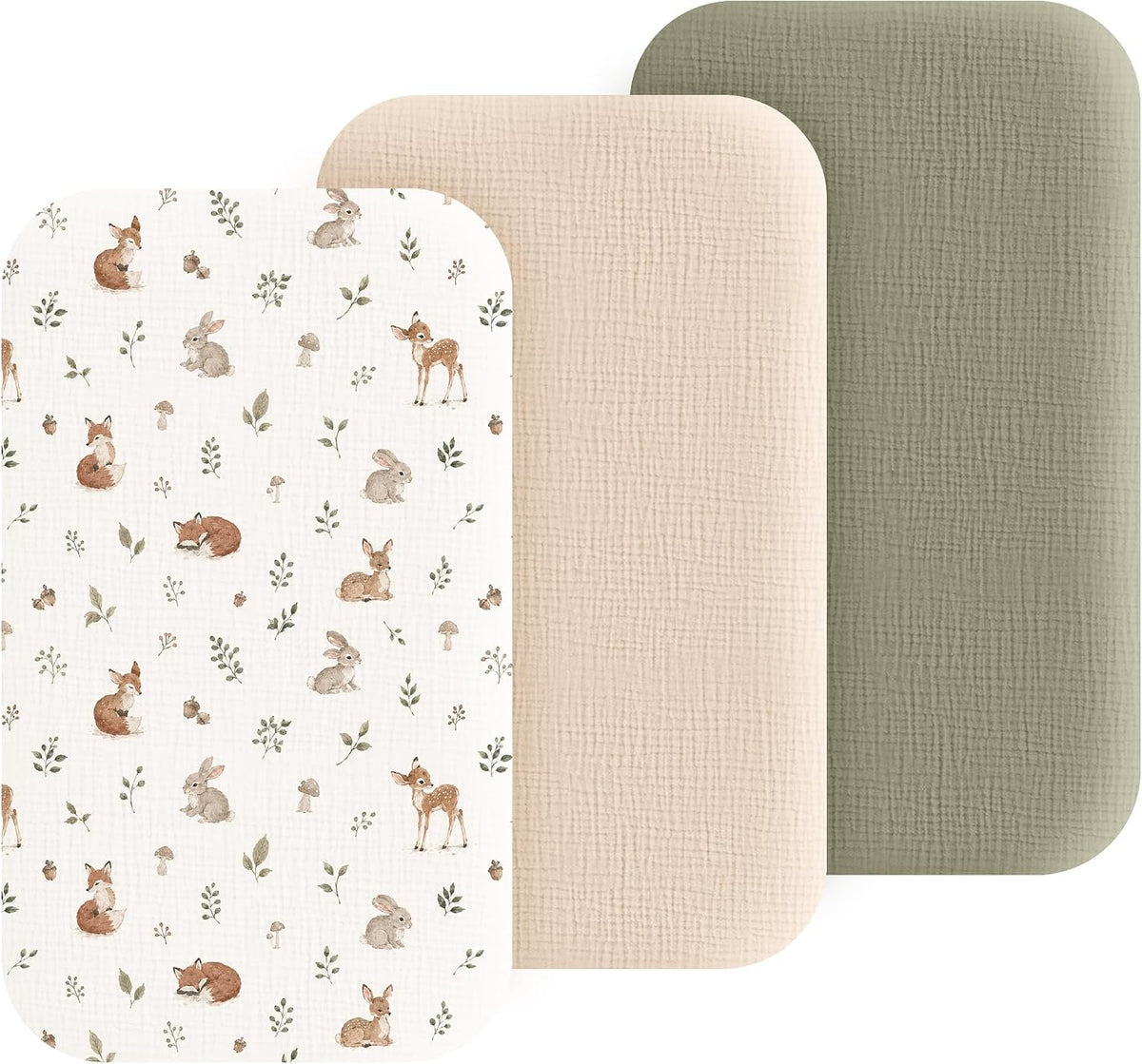3 Pack Cotton Muslin Baby Bassinet Fitted Sheet for Bedside Sleeper Stretchy & Soft, Compatible with Baby Delight, Dream On Me, Rectangle Mattresses, for Boys & Girls 32" x 21"