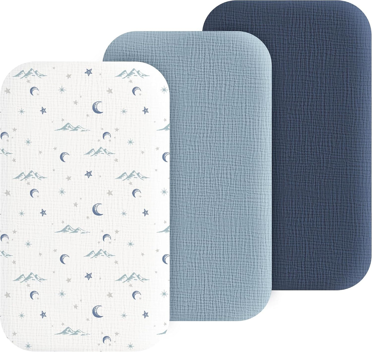 3 Pack Cotton Muslin Baby Bassinet Fitted Sheet for Bedside Sleeper Stretchy & Soft, Compatible with Baby Delight, Dream On Me, Rectangle Mattresses, for Boys & Girls 32" x 21"